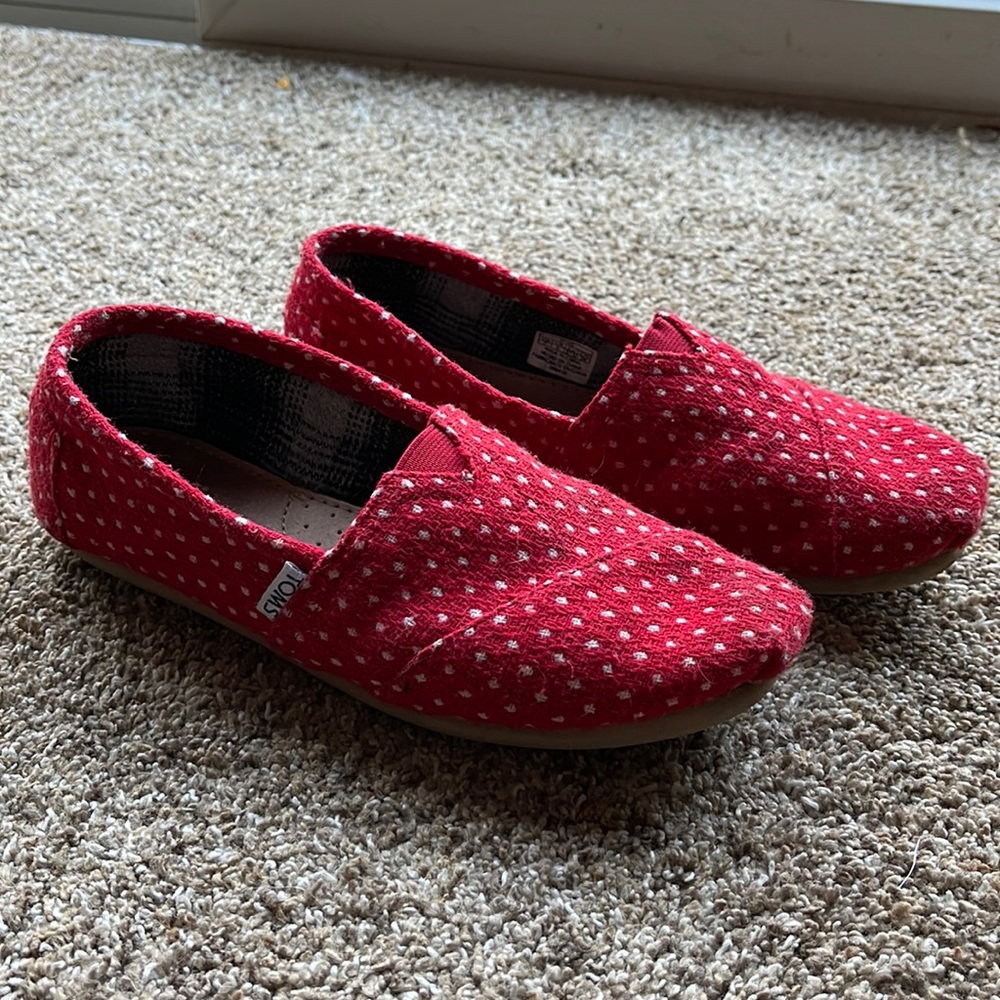 Red polka dot Toms.